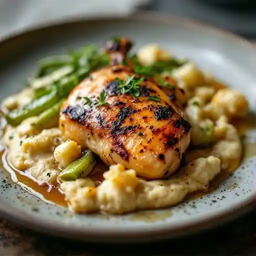 Sutton Hoo chicken, roast leeks, caramelised cauliflower purée, lemon & honey