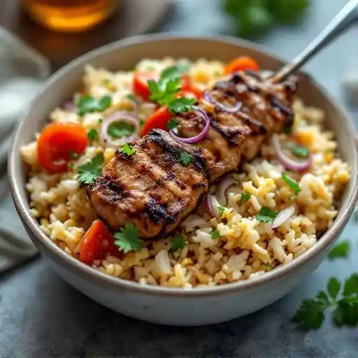 Rice Bowl With Lamb Souvlaki