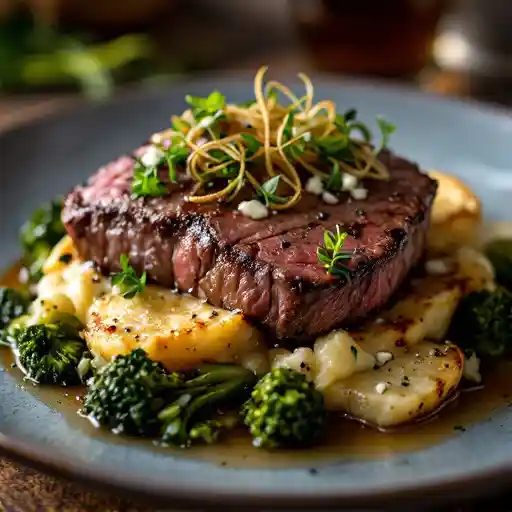 Smoked Roasted Tenderloin of Beef over Blue Cheese Potato Gratin, Charred Broccolini, Crispy Leeks, Sherry Caramelized Onion Butter and House Demi