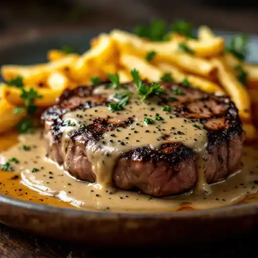 STEAK AU POIVRE SERVED WITH FRITES