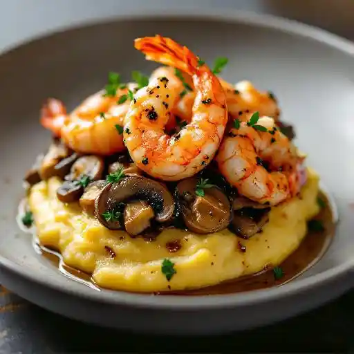 Tiger Shrimp, Truffled Maitake Mushrooms, Creamy Polenta