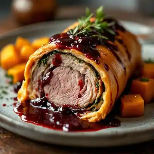 Pork Wellington with Cherry Demi Glaze with Roasted Squash