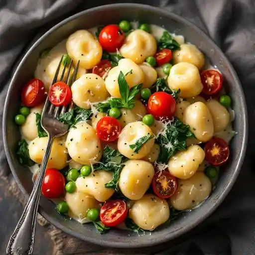 Ricotta Gnocchi with Parmesan Cream, Spinach, Sweet Peas and Tomatoes