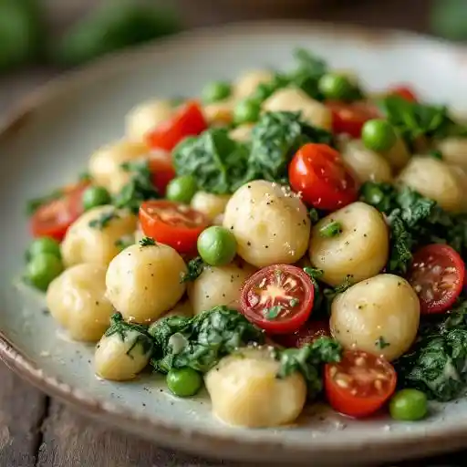 Ricotta Gnocchi with Parmesan Pesto Cream, Spinach, Sweet Peas & Tomatoes