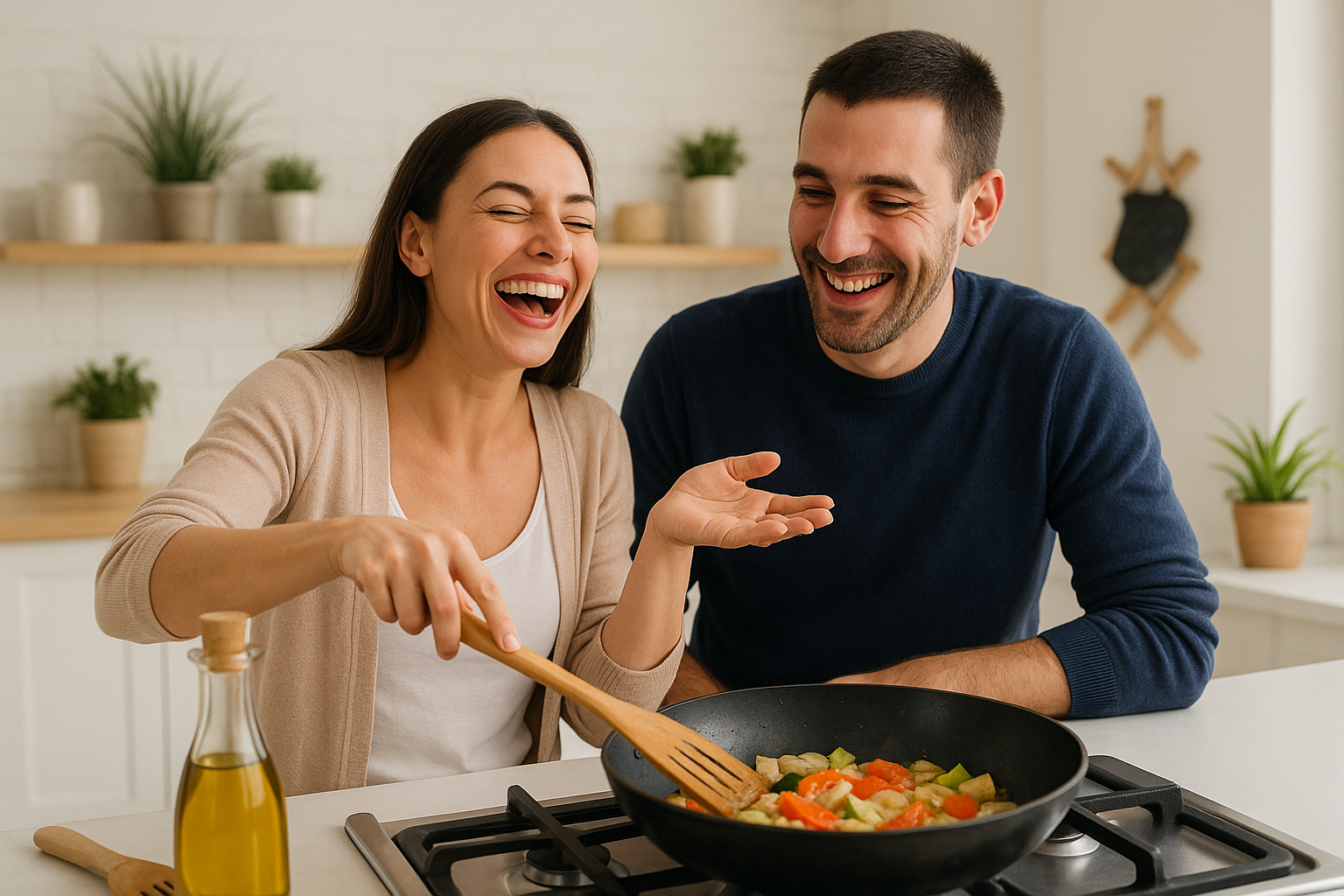 A man and women cooking together in a kitchen