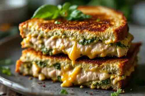Turkey Pesto Grilled Cheese recipe served on a plate, by Pekin the Chef