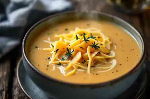 Smoked Gouda & Beer Soup recipe served on a plate, by Pekin the Chef