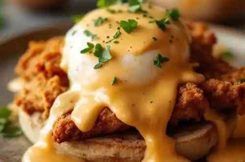 Andy's Sage Fried Chicken Benedict recipe served on a plate, by Pekin the Chef