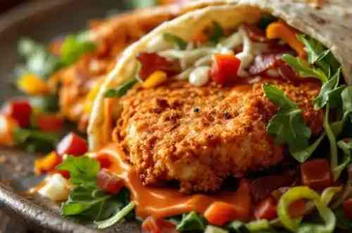 Crispy Buffalo Chicken Wrap recipe served on a plate, by Pekin the Chef