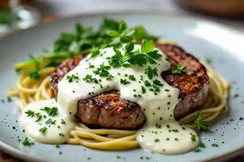 Steak With Gorgonzola Sauce recipe served on a plate, by Pekin the Chef