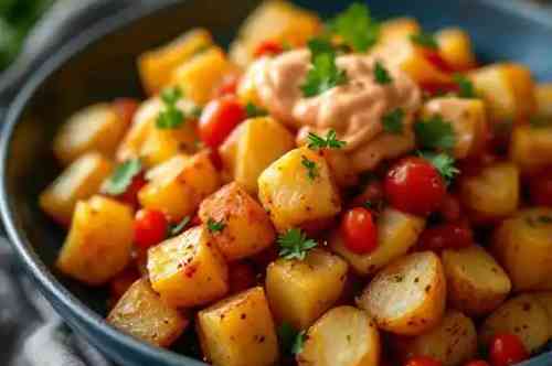 PATATAS BRAVAS recipe served on a plate, by Pekin the Chef