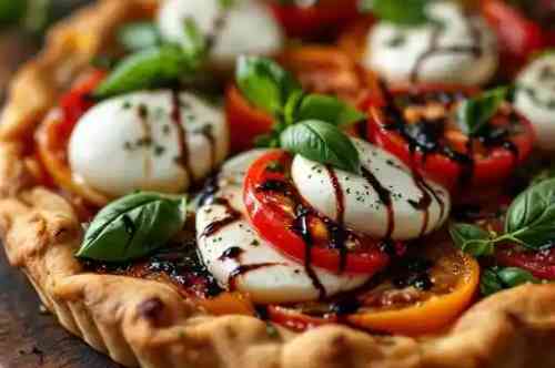 Mozzarella Caprese Pie recipe served on a plate, by Pekin the Chef