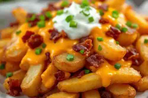 Bacon Cheddar Fries recipe served on a plate, by Pekin the Chef