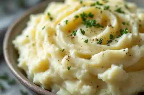 Garlic Mashed Potatoes recipe served on a plate, by Pekin the Chef