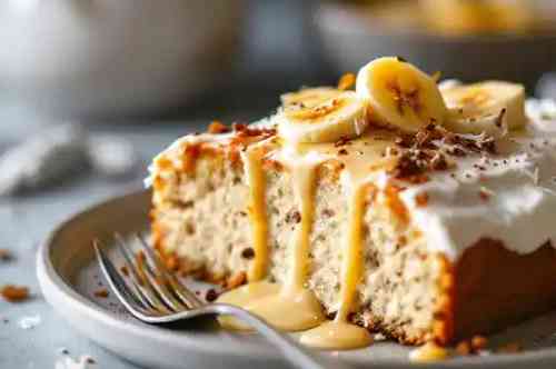 Warm Banana & Coconut Butter Cake recipe served on a plate, by Pekin the Chef
