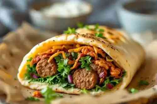Vegan Sausage Naan Roll* recipe served on a plate, by Pekin the Chef
