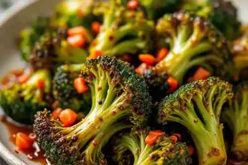Miso-Chili Roasted Broccoli recipe served on a plate, by Pekin the Chef