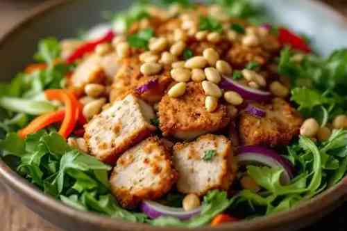 Katsu Chicken Salad recipe served on a plate, by Pekin the Chef