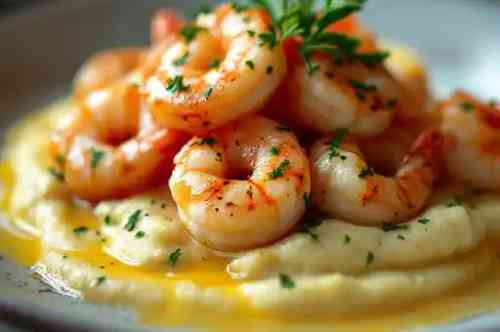 **Fish Camp Shrimp & Grits with White Wine Butter Sauce recipe served on a plate, by Pekin the Chef