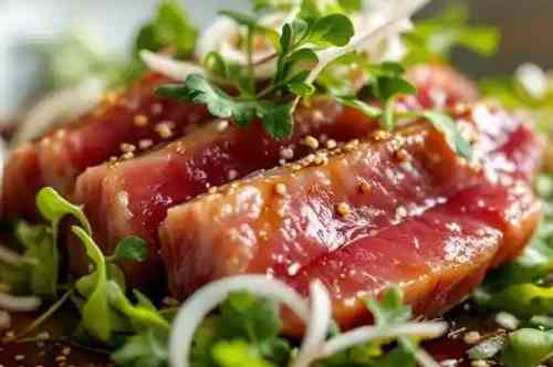 AHI TUNA TATAKI recipe served on a plate, by Pekin the Chef