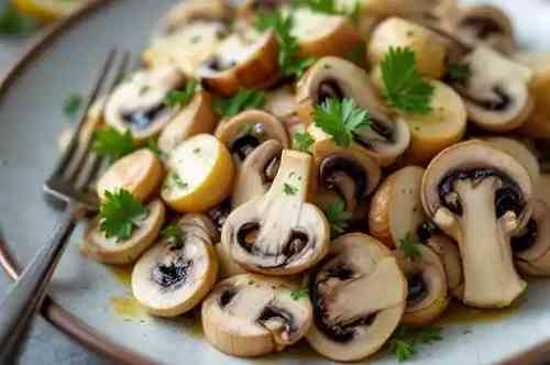SLICED MUSHROOM SALAD recipe served on a plate, by Pekin the Chef