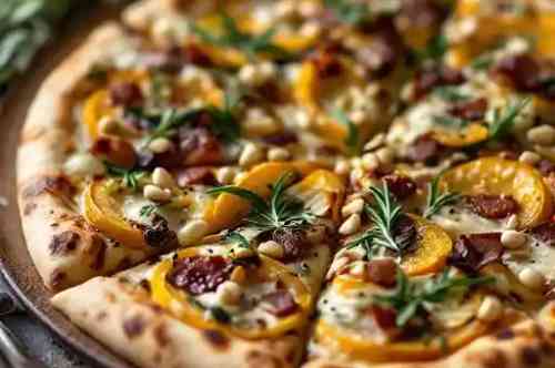 DELICATA SQUASH & SPECK PIZZA recipe served on a plate, by Pekin the Chef