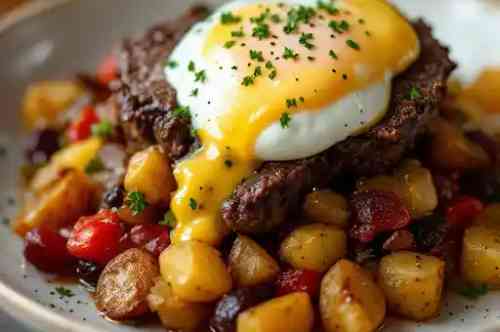 Braised Beef Rib Hash recipe served on a plate, by Pekin the Chef