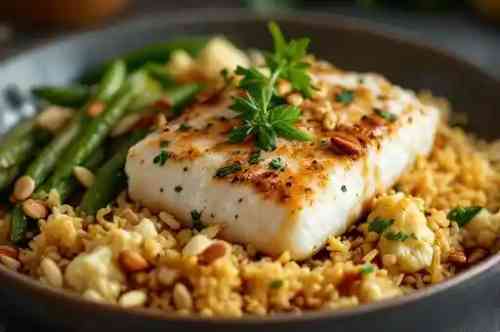 Oven roasted Wild Cod recipe served on a plate, by Pekin the Chef