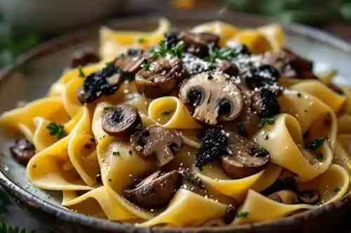 Pappardelle Funghi e Tartufo Nero recipe served on a plate, by Pekin the Chef