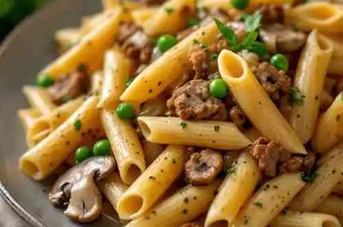 Penne al Contadino recipe served on a plate, by Pekin the Chef