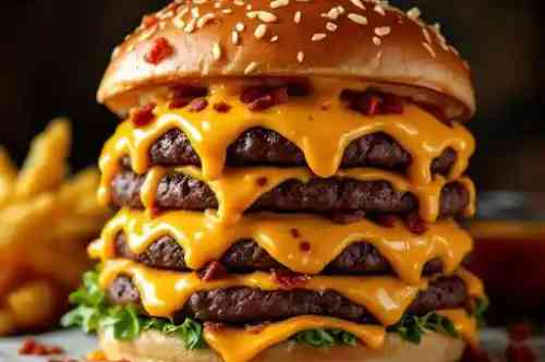 Quadruple Coronary Bypass Burger recipe served on a plate, by Pekin the Chef