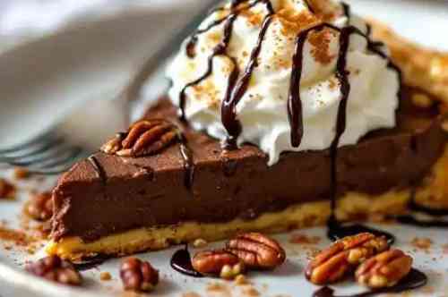 Homemade Chocolate Pecan Tart recipe served on a plate, by Pekin the Chef