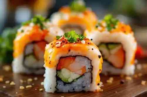 4 pcs sushi one special roll (Manhattan or Fire Island) recipe served on a plate, by Pekin the Chef