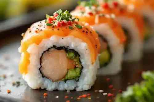 6 pcs sushi one yellowtail roll recipe served on a plate, by Pekin the Chef