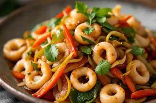 Pla Muk Kra Prow recipe served on a plate, by Pekin the Chef