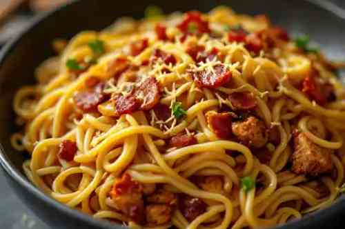 Pancit Umaga (morning noodles) recipe served on a plate, by Pekin the Chef