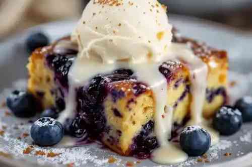 WHITE CHOCOLATE BLUEBERRY BREAD PUDDING recipe served on a plate, by Pekin the Chef