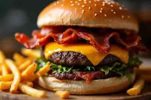Bacon Cheeseburger and Fries recipe served on a plate, by Pekin the Chef