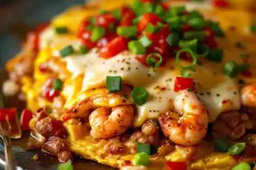 Mardi Gras Omelette recipe served on a plate, by Pekin the Chef
