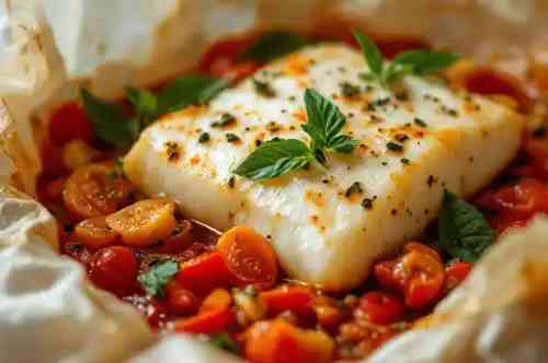 HALIBUT AL CARTOCCIO recipe served on a plate, by Pekin the Chef
