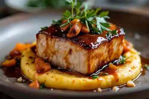 Glazed Porcelet Pork Belly recipe served on a plate, by Pekin the Chef